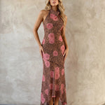 Leopard Print Pink Rose Halter Neck Midi Dress