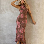 Leopard Print Pink Rose Halter Neck Midi Dress