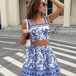 Blue White Tropical Print Crop Top Skirt Set