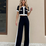 Black Contrast Trim Knit Crop Top Wide Leg Pant Set