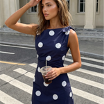 Navy Blue White Polka Dot One Shoulder Mini Dress