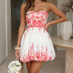 Pink Red Floral Strapless Bubble Hem Skater Mini Dress