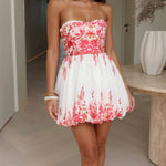 Pink Red Floral Strapless Bubble Hem Skater Mini Dress