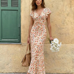 Cream Strawberry Floral Print Flutter Sleeve Midi Dress