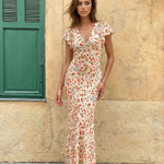 Cream Strawberry Floral Print Flutter Sleeve Midi Dress