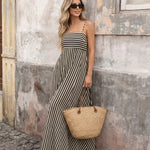 Black Beige Striped Spaghetti Strap Tiered Flowy Maxi Dress