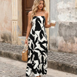 Black Leaf Print Spaghetti Strap Tiered Flowy Maxi Dress