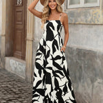 Black Leaf Print Spaghetti Strap Tiered Flowy Maxi Dress