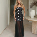 Black White Polka Dot Strapless Sheer Mesh Overlay Maxi Dress
