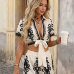 Black White Ethnic Print Crop Top Shorts Set