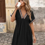 Black Ethnic Embroidered V Neck Short Sleeve Swing Mini Dress