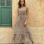 Beige Geometric Print Sleeveless Maxi Dress