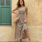 Beige Geometric Print Sleeveless Maxi Dress
