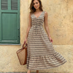 Beige Geometric Print Sleeveless Maxi Dress