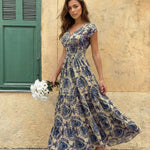 Beige Navy Floral V-Neck Cap Sleeve Smocked Tiered Maxi Dress