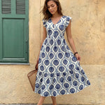 White Blue Floral Print Ruffle Sleeve Midi Dress