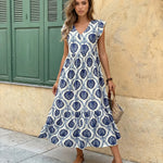 White Blue Floral Print Ruffle Sleeve Midi Dress