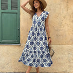 White Blue Floral Print Ruffle Sleeve Midi Dress