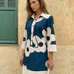 Blue Teal Floral Print Shirt Dress