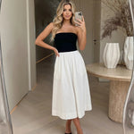 Black White Color Block Strapless Elastic Waist Flared Midi Dress