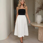Black White Color Block Strapless Elastic Waist Flared Midi Dress