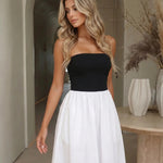 Black White Color Block Strapless Elastic Waist Flared Midi Dress