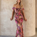 Floral Print Off Shoulder Ruffle Mermaid Maxi Dress