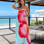 Blue Big Floral Print Strapless Pleated Maxi Dress