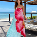Blue Big Floral Print Strapless Pleated Maxi Dress