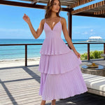 Lavender Pleated Tiered Spaghetti Strap Maxi Dress