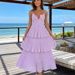 Lavender Pleated Tiered Spaghetti Strap Maxi Dress