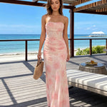 Pink Rose Print Strapless Ruched Mermaid Maxi Dress