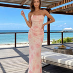 Pink Rose Print Strapless Ruched Mermaid Maxi Dress