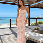 Pink Rose Print Strapless Ruched Mermaid Maxi Dress