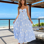 Blue Floral Print Strapless Twist Cutout Tiered Maxi Dress