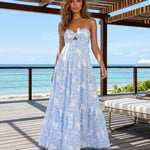 Blue Floral Print Strapless Twist Cutout Tiered Maxi Dress