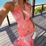 Pink Orange Floral Halter Chiffon Maxi Dress