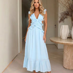 Light Blue Ruffle Deep V Back Cutout Tiered Maxi Dress
