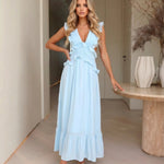 Light Blue Ruffle Deep V Back Cutout Tiered Maxi Dress