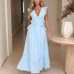 Light Blue Ruffle Deep V Back Cutout Tiered Maxi Dress