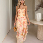 Watercolor Floral Spaghetti Strap Ruffle Midi Dress
