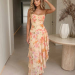 Watercolor Floral Spaghetti Strap Ruffle Midi Dress