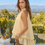 Yellow Double Layer High Neck Halter Sleeveless Blouse Top