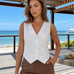 White Sleeveless V Neck Button Front Cropped Waistcoat Vest
