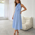 Blue Rose Halter Neck Cascading Ruffle Midi Dress
