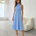Blue Rose Halter Neck Cascading Ruffle Midi Dress
