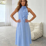 Blue Rose Halter Neck Cascading Ruffle Midi Dress