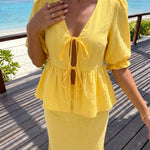 Yellow V Neck Double Front Tie Puff Sleeve Top Midi Skirt Two Piece Set
