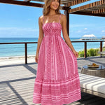Pink Ethnic Geometric Print Spaghetti Strap Maxi Dress