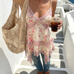 Cream Pink Floral Lace Ruffle Tiered Cami Peplum Top